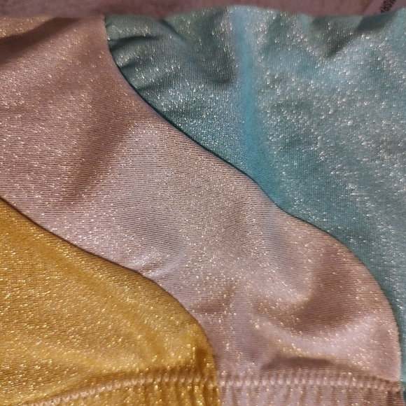 PQ Swim Bandeau Bikini Top in a Shimmery Yellow, Cre am & Turquoise Sz. - Picture 3 of 4